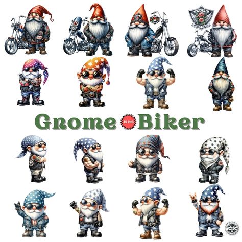 Motorcycle Gnome, Gnome Designs, Biker Gnomes, Waterslide Decal Paper, Designs Printable, Funny Motorcycle, Gnome Clipart, Biker Gang, Retro Funny