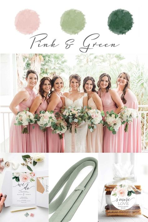 Sage And Blush Groomsmen Attire, Safe Green And Pink Wedding, Wedding Colors Light Pink, Light Pink And Green Wedding Theme, Green Groomsmen Pink Bridesmaid, Pink Green Wedding Theme, Pink And Green Bridesmaid Dresses, Green And Pink Bridesmaid Dresses, Pink And Green Wedding Colors