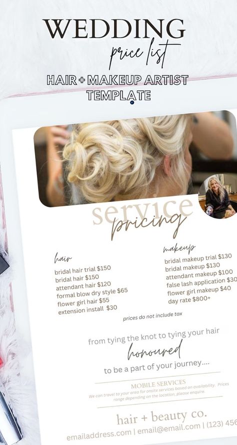 Bridal Hair Stylist Price List Template Wedding Makeup Artist - Etsy Canada Hairdresser Price List, Formal Event Hair, Makeup Artist Website, Wedding Pricing Guide, Stylist Kit, Esthetician Business, Hair Salon Marketing, Bridal Business, Hairdresser Gift