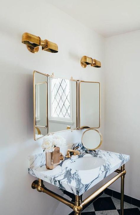 Waterworks Daphne Metal Rectangular Wall Mounted Trifold Mirror Bathroom Mirror Design, White Marble Bathrooms, Trifold Mirror, Marble Counter, Song Of Style, Rooms Reveal, Counter Tops, Beautiful Bathrooms, My New Room