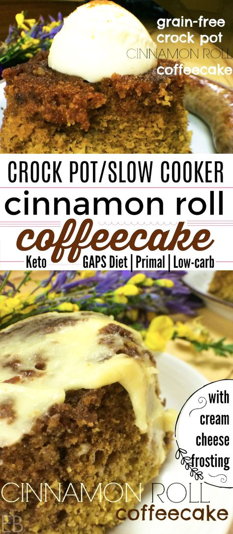 Grain-free Crock Pot CINNAMON ROLL COFFEECAKE with Cream Cheese Frosting (GAPS, Paleo, Keto, Low-carb) - Eat Beautiful Pudding Chia, Dessert Mousse, Low Carb Slow Cooker, Crock Pots, Ideas For Breakfast, Flax Seed Recipes, Starting Keto Diet, Crockpot Breakfast, Gaps Diet