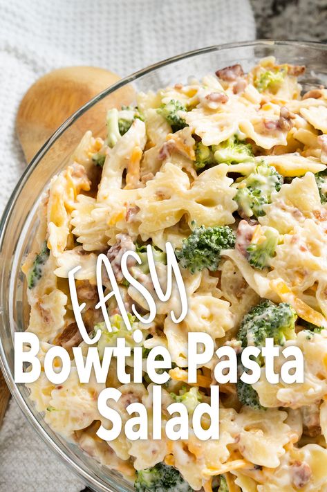 Creamy bowtie pasta salad in a bowl. Bowtie Salad Recipes, Pasta And Broccoli Salad, Sweet Bowtie Pasta Salad, Bow Tie Parmesan Pasta Salad, Bow Tie Pasta Side Dishes, Cold Bow Tie Pasta Salad Recipes, Bow Tie Chicken Pasta Salad, Pasta Broccoli Salad Recipes, Minnie Bow Tie Pasta Salad