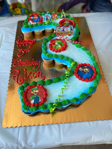 Mario Cupcake Cake, Super Mario Brothers Cake, Number Cupcakes, Number 3 Cakes, Rainbow Road Mario Kart, Shaped Cupcakes, Mario Birthday Cake, Super Mario Bros Party, Mario Bros Party