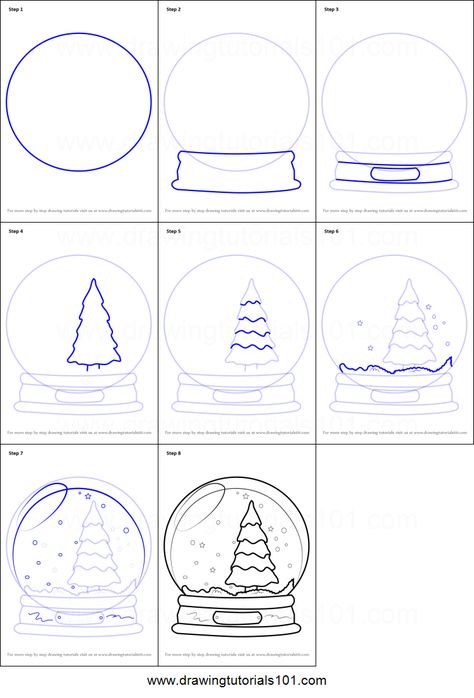 Snow Globe Watercolor Painting, Snowglobe Drawing Christmas, Snowglobe Drawing Easy, Step By Step Drawing Tree, How To Draw A Snowglobe, How To Draw Winter Things, Snowglobe Sketch, Snowglobe Doodle, Christmas How To Draw