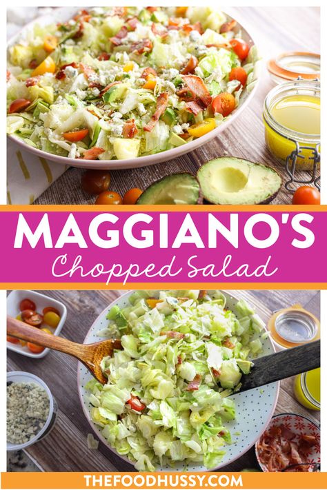 Maggiano's Chopped Salad is a classic and a fan favorite! Crisp lettuce topped with tomatoes, bacon, avocado and blue cheese tossed in a sweet and savory light house vinaigrette. Add grilled chicken or salmon to make it a meal! Maggianos Chopped Salad, Suddenly Salad, Dessert Restaurants, Chopped Salad Recipes, Sweet House, Fresh Salad Recipes, Bacon Avocado, Creamy Mushroom Sauce, Fresh Salad