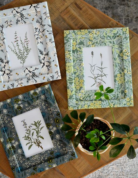 DIY Botanical Wallpaper Picture Frames Diy Fabric Picture Frames, Diy Framed Fabric Wall Art, Fabric Picture Frames, 25 Year Wedding Anniversary, Framed Fabric Wall Art, Colorado Design, Herb Art, Herb Prints, Diy Outdoor Table