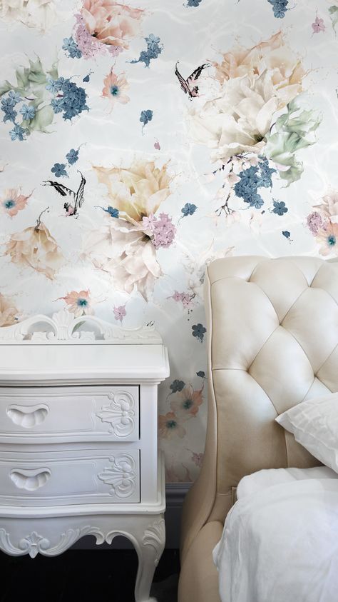 Stunning Nursery, Blue Green Bedrooms, Wallpaper Artist, Australia Wallpaper, White Wall Paneling, Will O The Wisp, White Wall Bedroom, Watercolor Mural, Pearl Wallpaper