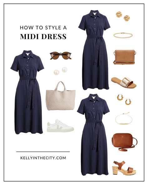 How to Style a Midi Dress Navy Dress Outfit Summer, Midi Dress Work Outfit, Style A Midi Dress, Navy Blue Dress Outfit, Midi Dress With Sneakers, Dress Work Outfit, Blue Dress Outfits, Midi Dress Outfit, Midi Dress Work