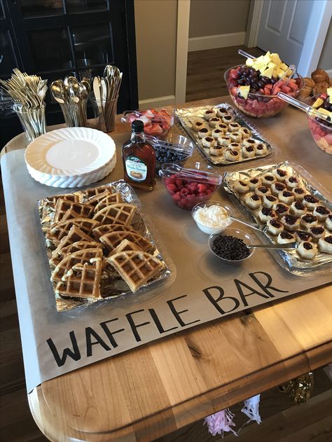 Waffle Wednesday Ideas, Breakfast For Bachelorette Party, Pancake Waffle Bar, Staff Meeting Breakfast Ideas, Senior Brunch Decorations, Waffle Bar Bridal Shower Ideas, Prom Breakfast Ideas, Waffle Station Brunch Party, Brunch Housewarming Party