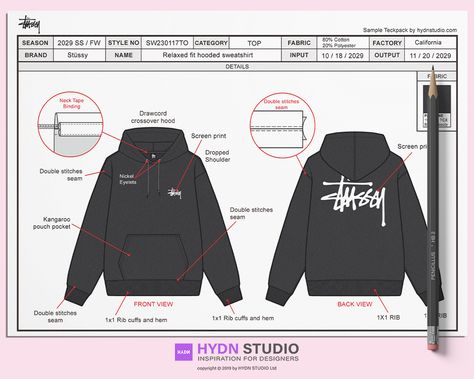 Stussy Hoodie Design Reference Tech Pack on Behance Brand Hoodie Design, Back Hoodie Design, Hoodies Back Design, Back Of Hoodie Design, Hoodie Layout, Hoodie Tech Pack, Tech Pack Fashion, Hoodie Back Design, Hoodie Business