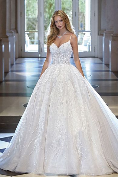 Platinum by Demetrios - Style DP474 Demetrios Wedding Dress 2023, Demetrios 2023, Wedding Dress Spaghetti Straps, 2nd Wedding Dresses, Bridal Dresses Lace, Applique Wedding, Applique Wedding Dress, Lace Bridal Gown, Bridal Party Dresses