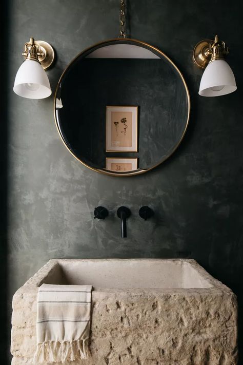 Moody Bathroom, Kate Marker Interiors, Stone Vessel Sinks, Custom Sinks, Rustic Bathroom Designs, Bath Tiles, Ornate Mirror, Rustic Stone, Stone Sink