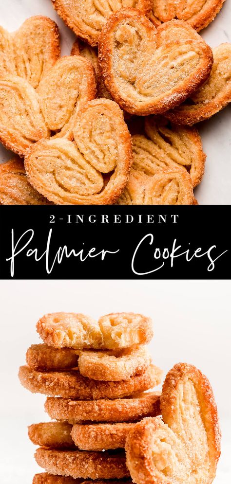 2-Ingredient Palmier Cookies are so easy to prepare but make quite the statement on a holiday cookie platter. These sweet, delicate, buttery cookies are irresistible and ready in just 25 minutes. #christmascookies #cookies #puffpastry | GarnishandGlaze.com Two Ingredient Cookies, Palmier Cookies, 2 Ingredient Cookies, Cookie Platter, Two Ingredient, Puff Pastry Dough, Favorite Cookie Recipe, Buttery Cookies, Delicious Cookie Recipes