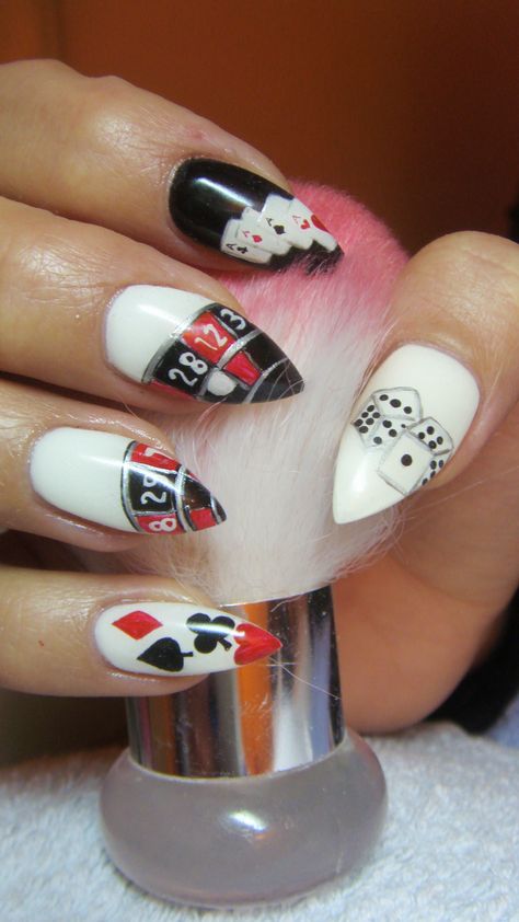 Gambling nails Gambling Nail Designs, Gambling Nails Art, Casino Nails Designs 777, Roulette Nails, Poker Nails Design Las Vegas, Casino Nail Art, Nail Designs Vegas, Las Vegas Nail Designs, Dice Nails Design