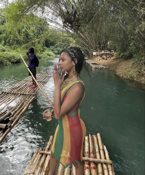 #vacation #blackgirl #braidedhair #pretty #outfit #summeroutfits Jamaica Photoshoot Ideas, Carribean Girl Aesthetic, Brazil Outfit Aesthetic, Jamaican Girl Aesthetic, Caribbean Girl Aesthetic, Tropical Girl Aesthetic, Jamaican Aesthetic, Jamaica Aesthetic, Bamboo Rafting