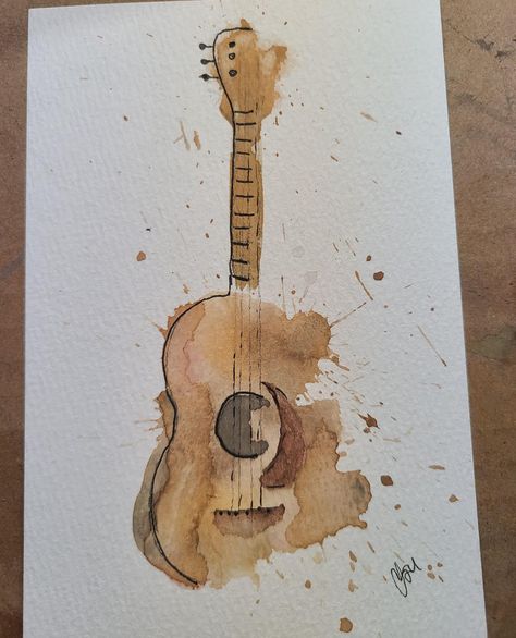 Abstract Guitar, Diy Watercolor Cards, Learn Watercolor Painting, Learn Watercolor, Watercolor Bookmarks, Watercolor Ideas, Guitar Art, Diy Watercolor, Tea Stains