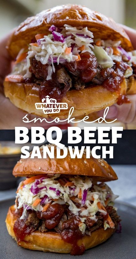 Hunting Meals, Vinegar Based Bbq Sauce, Tangy Coleslaw, Bbq Beef Sandwiches, Beef Sandwich Recipes, Homemade Brioche, Outdoor Cooking Recipes, Smoked Bbq, Bbq Sandwich