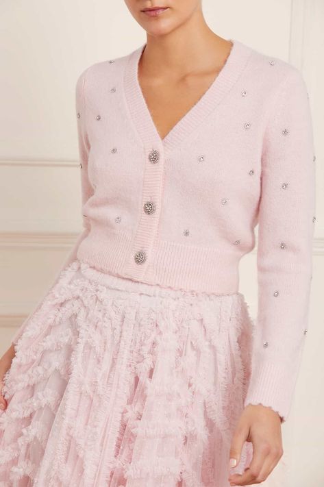 Girly Fashion Feminine, Sparkly Cardigan, Soft Feminine Style, Knitwear Style, Sky Pink, Embellished Cardigan, Fluffy Texture, Cardigan Pink, Crop Cardigan