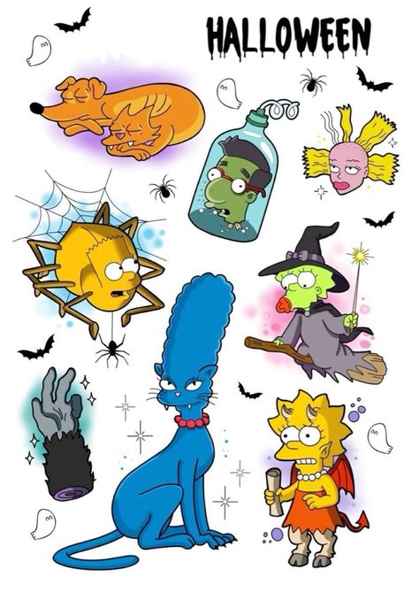 Simpsons Halloween Tattoo, Simpsons Flash Tattoo, 90s Cartoon Tattoo Designs, Cartoon Flash Tattoo, Cartoon Flash, Simpsons Halloween, Simpson Art, Simpsons Tattoo, Chicano Tattoos Sleeve