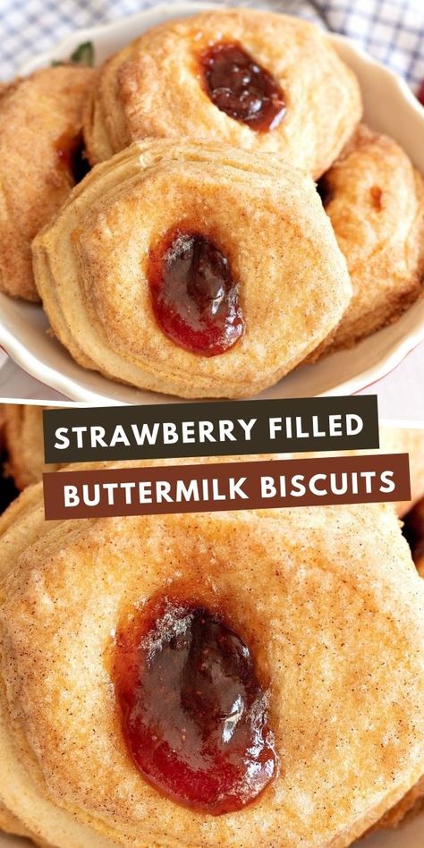 Strawberry Filled Buttermilk Biscuits are little bundles of deliciousness that are rolled in cinnamon and sugar and filled with strawberry preserves. Recipe Using Canned Biscuits, Grand Biscuit Recipes, Pillsbury Biscuit Recipes, Honey Buttermilk Bread, Homemade Sour Cream, Pillsbury Biscuits, Buttermilk Biscuits Recipe, Pillsbury Recipes, Strawberry Preserves