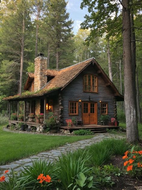 Log Cabin In Woods, Cabin In Woods, Rustic Porch, Cabin Exterior, Cabin In The Woods, Green House, Just Beautiful, Cabins In The Woods, In The Woods