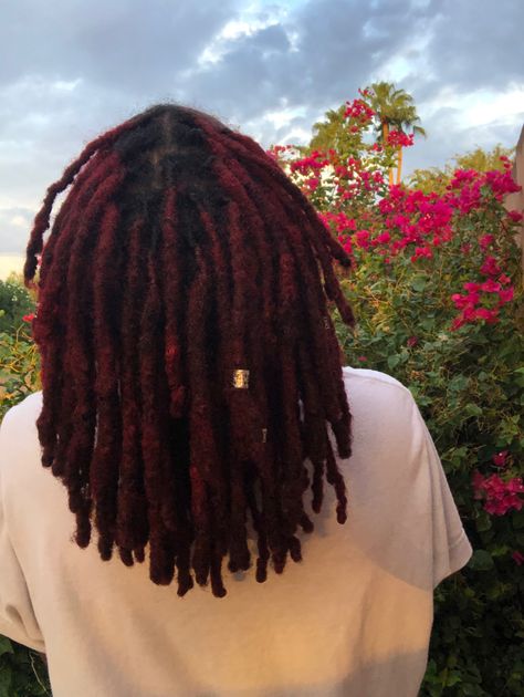 Copper Red On Black Women, Cute Colors To Dye Your Locs, Dark Red Dreadlocks, Black Cherry Locs, Dark Red Locs Men, Red Hair Dreadlocks, Burgundy Brown Locs, Coloured Locs Black Women, Burgundy Hair Locs