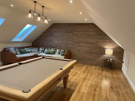 Games Room Attic, Slanted Ceiling Game Room, Loft Conversion Games Room, Attic Game Room Ideas, Bonus Room Man Cave, Man Cave Loft, Cabin Game Room, Attic Game Room, Entertainment Room Ideas