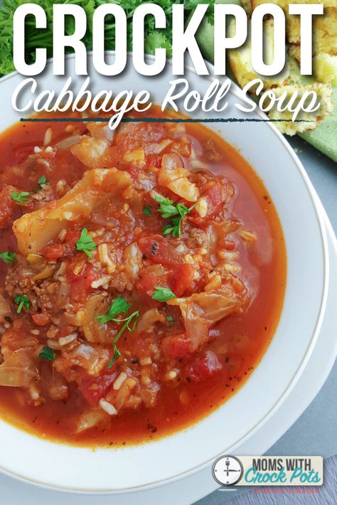 If you loved stuffed cabbage rolls, you will love this Crockpot Cabbage Roll Soup Recipe! A tasty dinner on a cool day! Crockpot Cabbage Roll Soup, Cabbage Roll Soup Recipe, Stuffed Cabbage Soup, Crockpot Cabbage, Soup Cabbage, Soup Crockpot, Stuffed Cabbage Rolls, Cabbage Roll Soup, Cabbage Roll