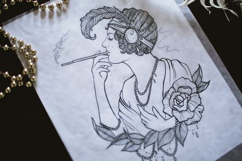 20s Tattoo, Flapper Tattoo, Upper Back Tattoos, Girl Back Tattoos, 20s Flapper, Floral Tattoo Design, Flapper Girl, Badass Tattoos, Tattoo Art Drawings