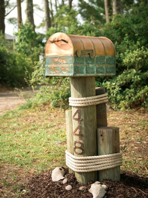 Mailbox Pilings Nautical Mailbox, Mailbox Makeover, Mailbox Landscaping, Diy Mailbox, Mailbox Ideas, Mailbox Design, Lake Decor, Mailbox Post, Beach Retreat