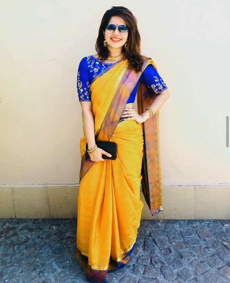 Yellow Saree With Contrast Blouse, Mustard Yellow Saree, Saree Contrast Blouse, Saree Inspiration, Saree With Contrast Blouse, Silk Anarkali Suits, Silk Anarkali, Indian Bride Outfits, Yellow Saree