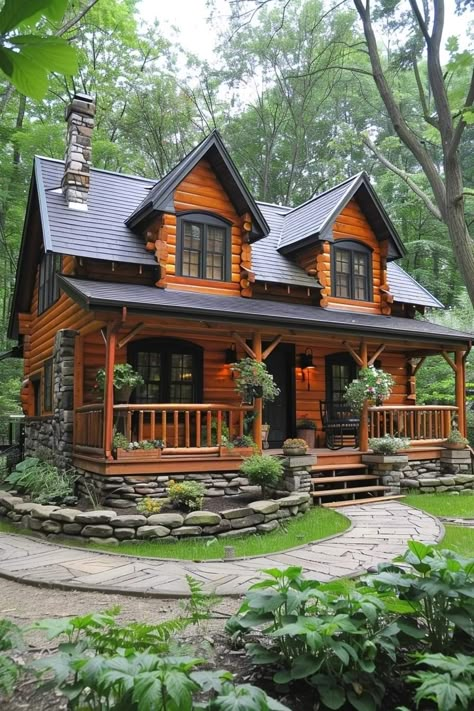 Log House Exterior, Log Cabin Exterior Ideas, Cabin Exterior Colors, Mini Cabins, Log Homes Exterior, Log Cabin Exterior, Cabin Office, Muskoka Cottage, Small Cabins