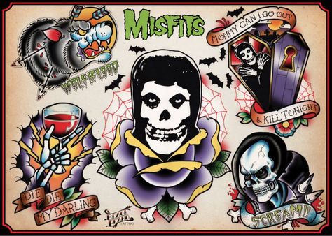 MISFITS TATTOO FLASH Traditional Misfits Tattoo, Misfits Tattoo Design, Misfits Tattoo Ideas, Misfits Skull Tattoo, Misfits Tattoo Flash, Horror Tattoo Flash, Misfits Band Art, Punk Tattoo Ideas, Punk Rock Tattoos