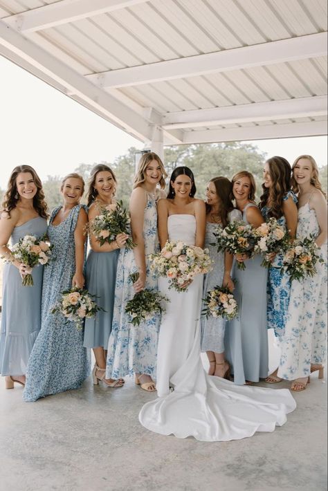 Same Colour Different Dress Bridesmaids, Light Blue And White Bridesmaid Dresses, Something Blue Wedding Bridesmaids, All Blue Wedding Party, Blue And Floral Bridesmaid Dresses, Light Blue Mixed Bridesmaid Dresses, Different Color Blue Bridesmaid Dresses, Mix And Match Bridesmaid Dresses Blue, Bridesmaid Spring Dresses