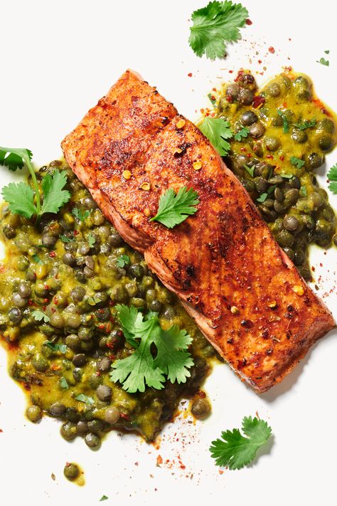 Recipe: Indian-Spiced Salmon with Lentils Lentils And Salmon, Salmon And Lentils, Fish Indian, Salmon Lentils, Spiced Salmon, Planned Meals, Coconut Lentil Curry, Salmon Curry, Winter Lunch