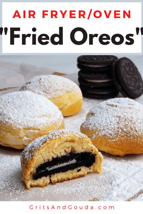 Easy festival "Fried Oreos " (or any creme-filled chocolate sandwich cookie) without all the oil.No messy pancake batter. 4 Pantry/fridge ingredients. Use an air fryer or oven. Air Fryer Oreos, Fried Oreos Recipe, Vegan Vegetable Recipes, Dinner Board, Southern Cooking Recipes, Fried Oreos, Homemade Carrot Cake, Sandwich Cookie, Festival Food