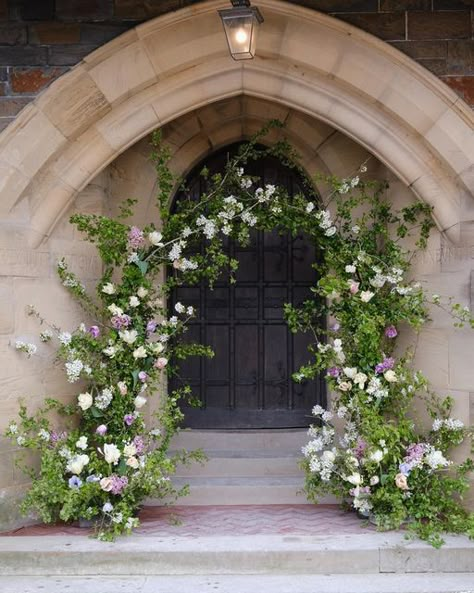 Church Entrance Wedding Decorations, Foliage Wedding Decor, Lilac Tulips, Altar Flowers Wedding, Magical Menagerie, Church Entrance, Church Wedding Flowers, Floral Archway, Floral Arch Wedding