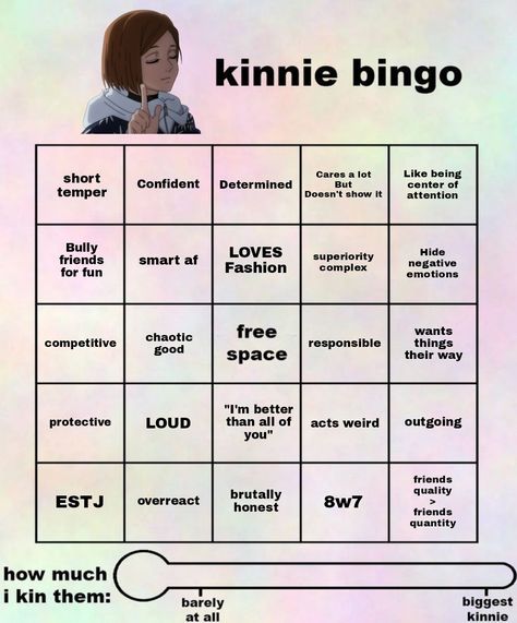 Kinnie Bingo Jujutsu Kaisen, Jjk Kinnie Bingo, Fun Templates, Jjk Oc, Kinnie Bingo, About Me Template, Kugisaki Nobara, Bingo Template, Kin List