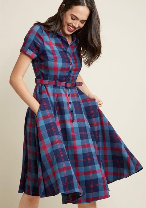 Very Lovely Skirts, Skirtsuits, and Dresses Check Kurti Designs, 1940s Fashion Dresses, Womens Flannel, Design Kurta, Casual Frocks, Blue Plaid Dress, Frock Patterns, Gaun Fashion, Frock For Women