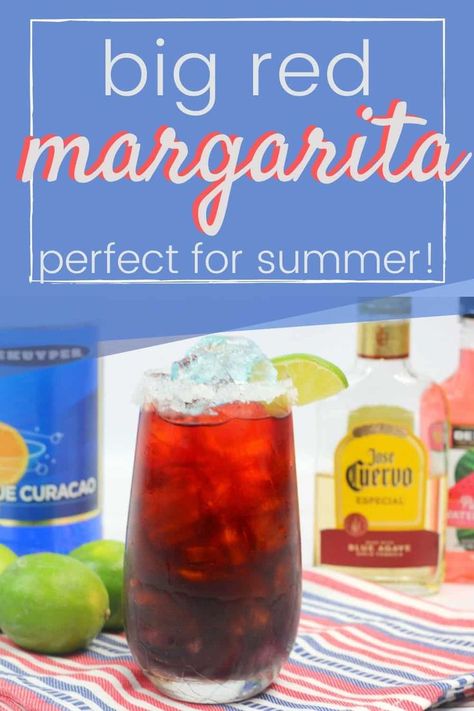 Our Big Red Margarita is perfect for a summertime treat. With it's delicious orange and watermelon flavors, this cocktail just screams that it's summertime. It's really easy to make too. With yummy Big Red Soda, tequila, blue curacao, and even watermelon pucker, its fun, fruity flavor is sure to please! Watermelon Liquor, Big Red Soda, Red Margarita, Patriotic Drinks, Blue Curacao Liqueur, Flavored Margaritas, Frozen Cocktail Recipes, Craft Cocktail Recipe, Bubble Gum Flavor