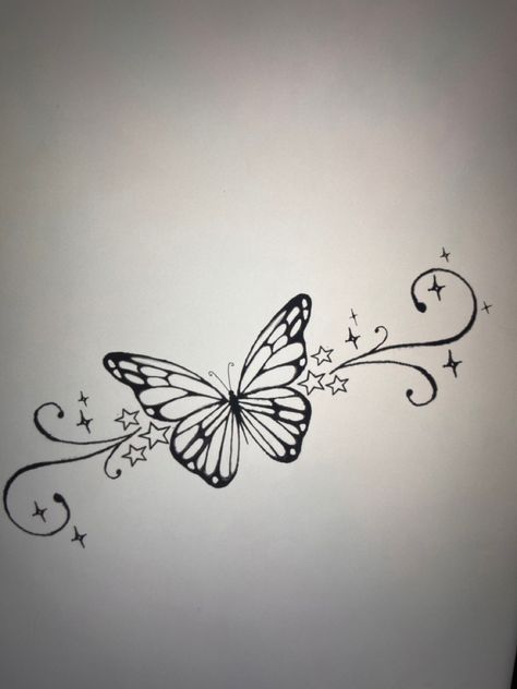 Tramp Stamp Butterfly Design, Creative Butterfly Tattoo Design, Tattoos On Lower Back For Women, Amore Tramp Stamp, Horizontal Butterfly Tattoo, Lower Back Tattoos For Women Butterflies, Lower Back Tattoos For Black Women, Trampstamp Tattoo Designs, Pretty Simple Tattoos For Women