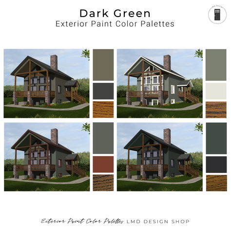 Dark Green / Olive Green – 4 Pre-Made Exterior Paint Color Schemes Green House Exterior Paint, Dark Green House Exterior, Sage Green House Exterior, Green Siding House, Olive Green Exterior, Green Home Exterior, Sage Green House, Green Exterior Paints, Exterior Paint Color Schemes