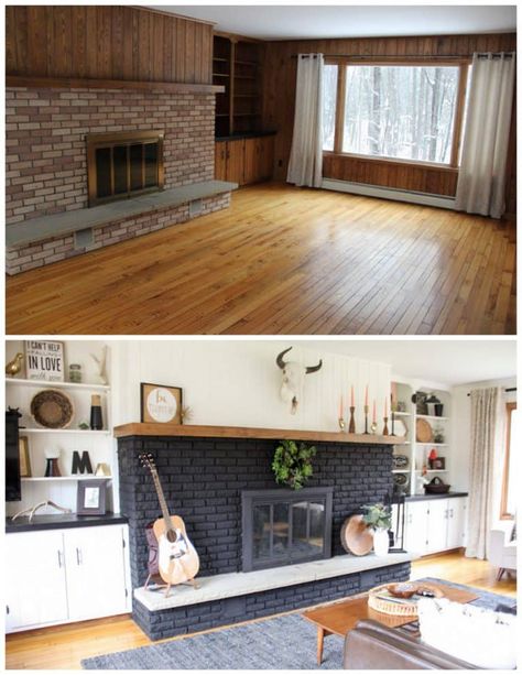 Farmhouse Remodel Before And After, Paneling Makeover, Fixer Upper House, Paint Fireplace, Palette Design, Farmhouse Remodel, After Pictures, Design Seeds, Living Room Remodel