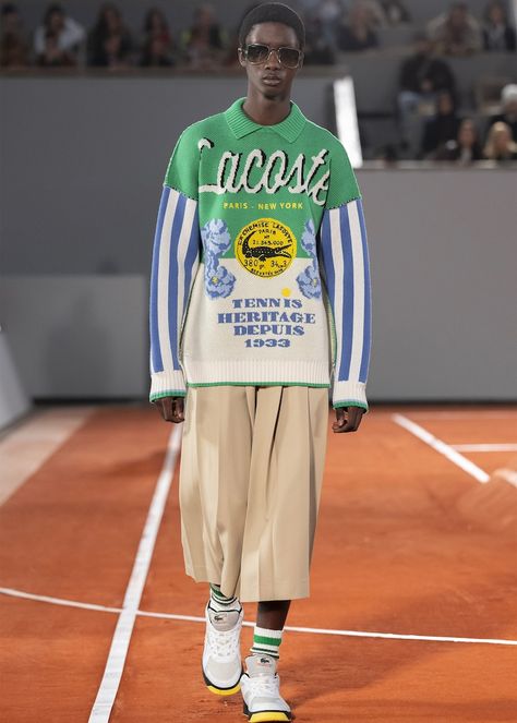 Lacoste Fashion Show Tennis Uniforms, René Lacoste, Crocodile Logo, Sheer Sweater, Off Shoulder Dresses, Wool Overcoat, Green Fits, New Paris, Printed Tees