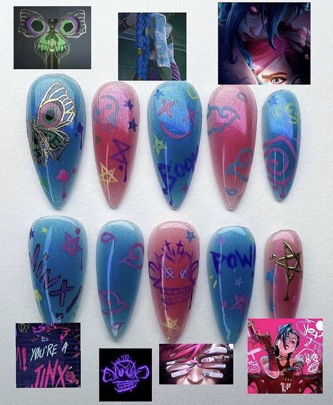 my jinx nails from my instagram, inspo from @77k.studio <3           #arcane #arcanenails #jinxnails #jinx #arcaneshow #nails Jinx Nails, Arcane Nails, Gucci Nails, Fake Nails Designs, Jinx Arcane, Anime Nails, Cute Nail Art Designs, Really Cute Nails, Inspired Nails