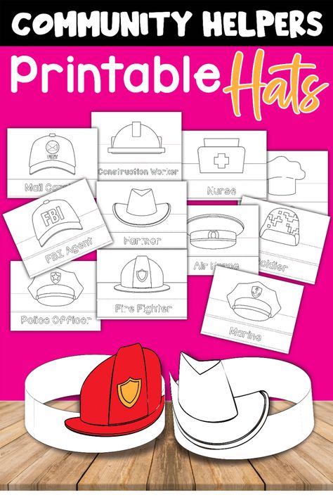 Grab these free printable community helper hats and get suggestions on ways to use them in the classroom or at home. Firefighter Hat Template Free Printable, Police Hats For Preschool, Nurse Community Helper Preschool, Construction Hat Craft Preschool, Preschool Community Helpers Dramatic Play, Community Helpers Preschool Construction Worker, Farmer Hat Craft Preschool, Police Prek Activities, Police Hat Craft Preschool