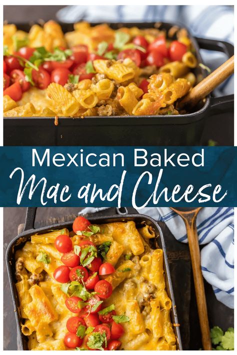 This BAKED MEXICAN MACARONI AND CHEESE can't be beat! No need to fool with a tricky cheese sauce when you have this secret ingredient making things extra creamy and delicious! Spicy sausage, green chiles, macaroni and cheese! #macandcheese #macaroni  via @beckygallhardin Mexican Mac And Cheese, Baked Macaroni And Cheese Recipe, Baked Macaroni And Cheese, Macaroni And Cheese Recipe, Green Chiles, Baked Macaroni, Baked Mac, Spicy Sausage, Easy Comfort Food