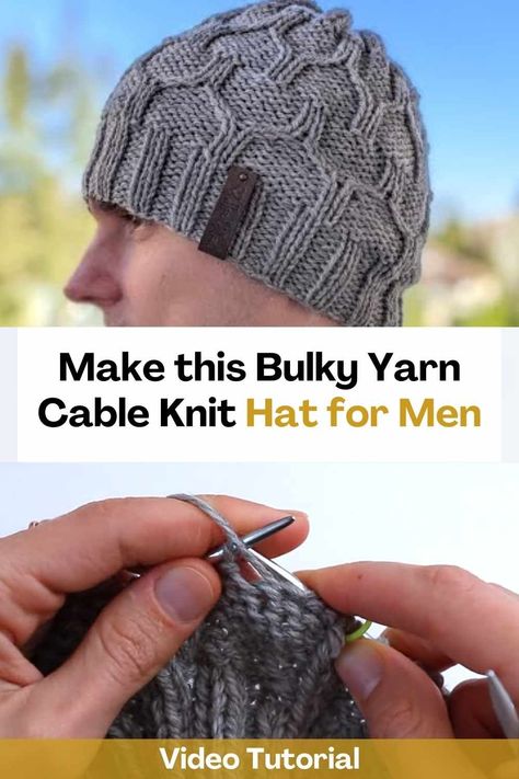 Learn how to knit this bulky yarn cable knit hat for men by watching this video tutorial! This hat is super cute and easy to make. The creator of this video will teach you how to do it step by step, you just have to follow her instructions so that the result of your knitting looks excellent.You can get creative and make this men's beanie in any color you like. Also, this could be an amazing gift for someone you love. Knitted Beanie For Men, Men's Beanie, Knitting 101, Hat Patterns Free, Yarn Hats, Knit Hat For Men, Cable Hat, Knitting Patterns Free Hats, Cable Knit Hat