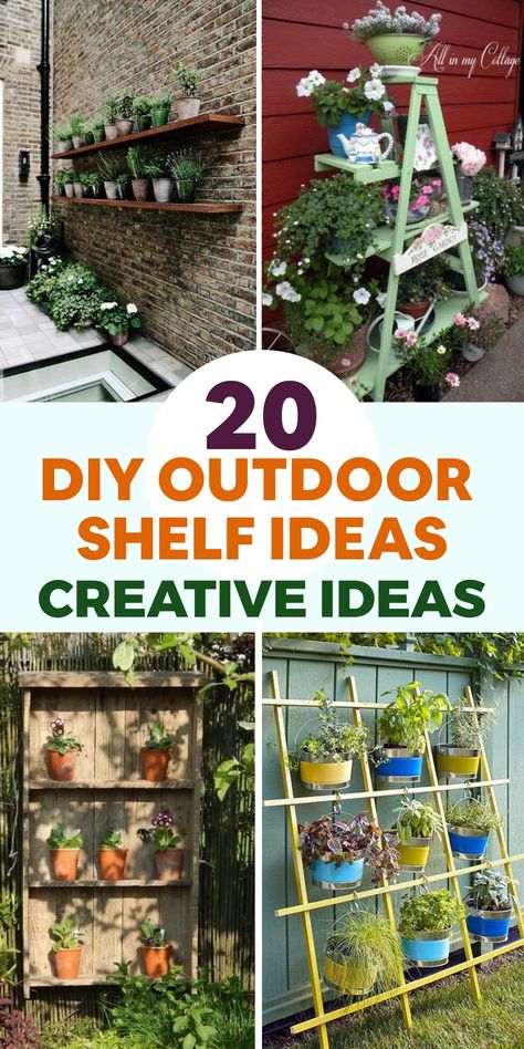 Upgrade your outdoor area with innovative DIY outdoor shelf concepts that not only optimize space but also bring a dash of elegance to your garden, patio, or balcony. Construct a charming wooden shelf from upcycled pallets or driftwood to seamlessly blend with nature, transform old ladders or crates into an unconventional tiered shelving unit for a unique storage solution, or fashion a hanging plant shelf using macrame or rope for a trendy bohemian vibe that highlights your gardening skills. Outdoor Shelf Ideas, Diy Outdoor Shelf, Outdoor Bookshelf, Outdoor Shelf, Hanging Plant Shelf, Diy Container, Compost Bin Diy, Diy Container Gardening, Colorful Flowers Arrangements