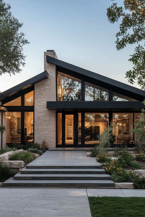 Modern ranch house facade with black framed windows and doors. Check out all of these modern ranch houses with creative and stylish designs that blend simplicity with sophistication. Exterior Of Modern House, Modern House With Lots Of Windows, Modern Home Front Porch, Skillion Roof House Design, The Forest Modern House, Prairie House Exterior, Black Modern Exterior House, Texas Houses Ranch, Exterior House Colors With Bronze Windows